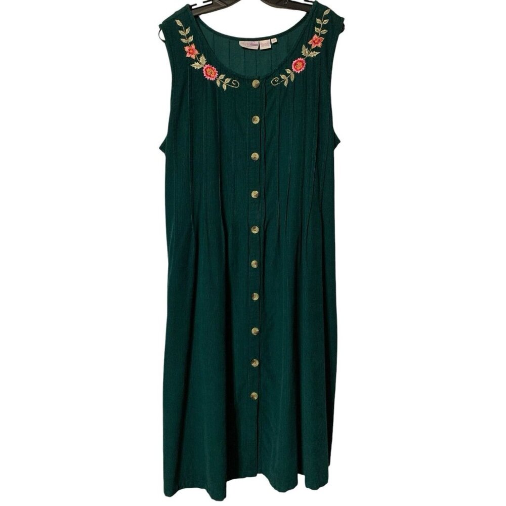 Comfort Corner Green Corduroy Dress Embroidered Jumper Cottagecore Long Size 1X